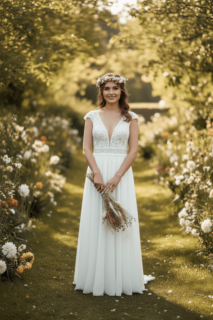 Mariée bohème avec robe fluide décolleté en V et dentelle