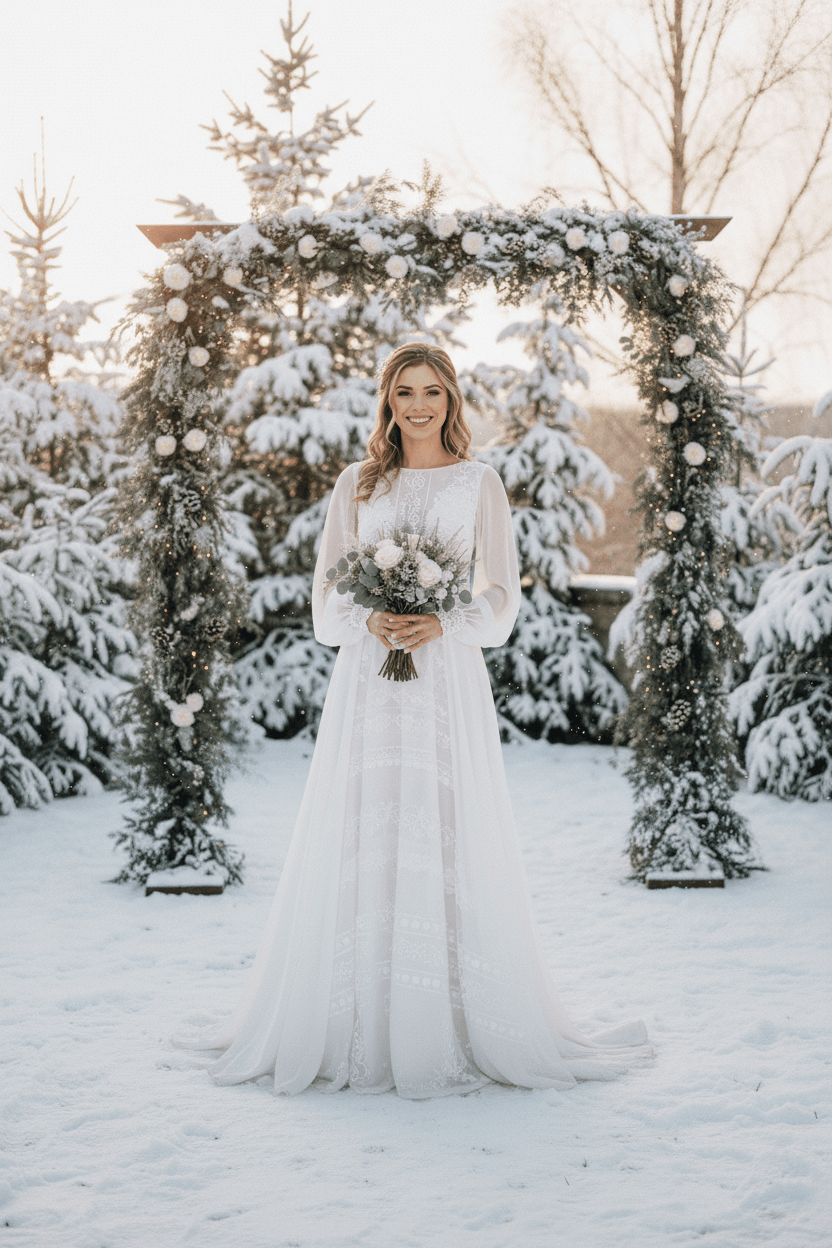 Vue de face d'une robe de mariée bohème hiver avec manches longues et dentelle délicate