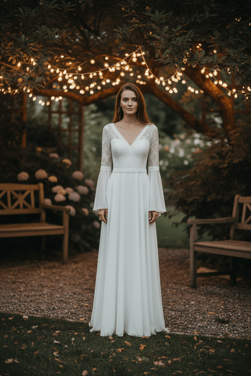 Vue de face d'une robe de mariée bohème à manches longues en dentelle