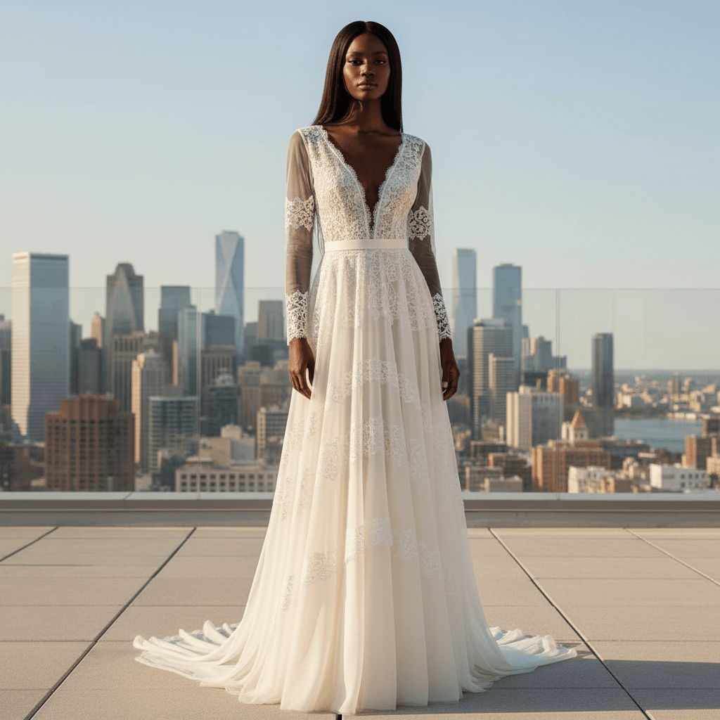 Vue de face d'une robe de mariée bohème moderne avec décolleté en V