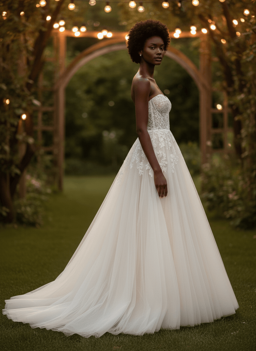 Vue de face d'une robe de mariée bustier bohème en dentelle et jupe fluide