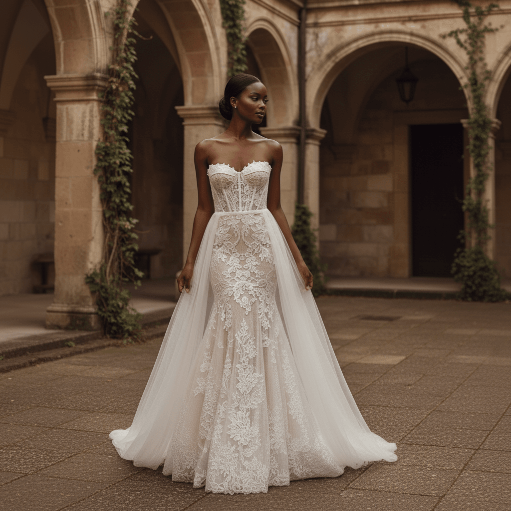 Vue de face d'une robe de mariée bustier en dentelle avec traîne légère