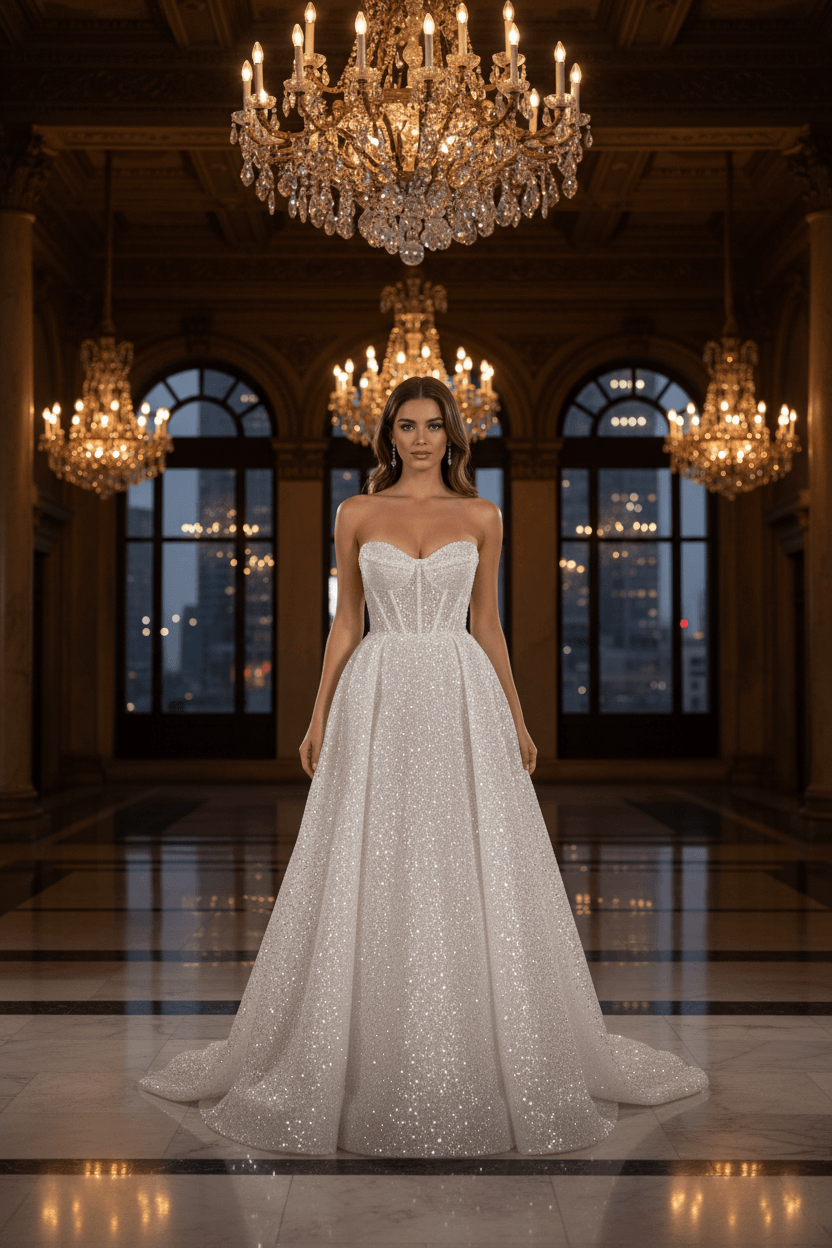 Vue de face d'une robe de mariée bustier scintillante en tissu pailleté