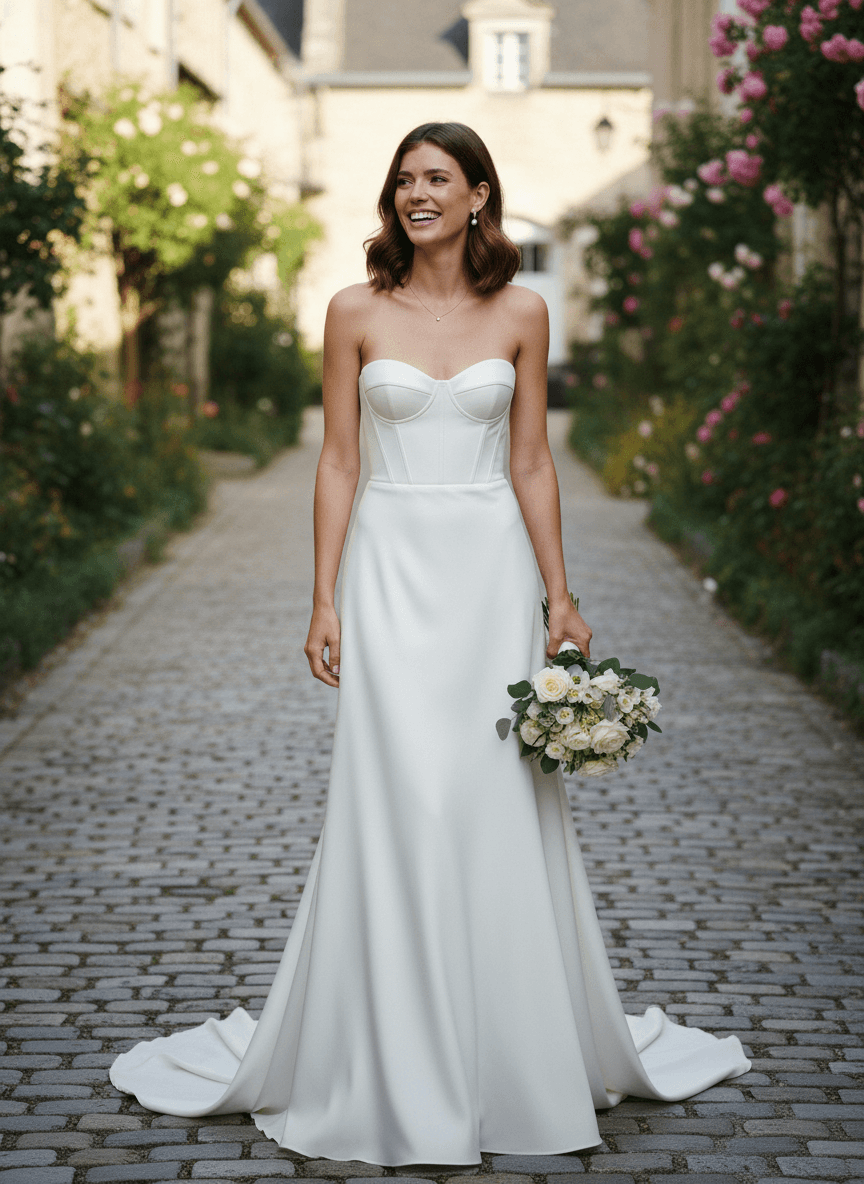 Vue de face d'une robe de mariée bustier simple et élégante