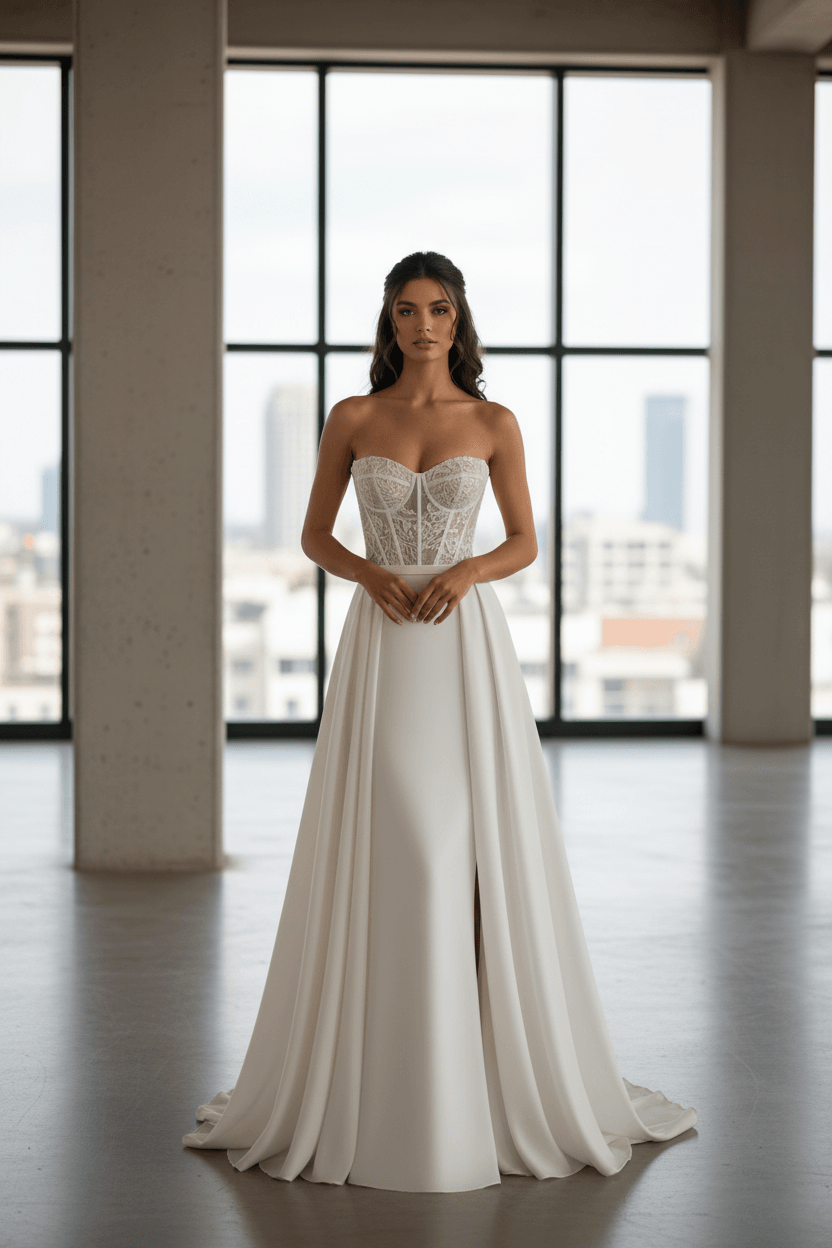 Vue de face d'une robe de mariée bustier transparent avec jupe fluide