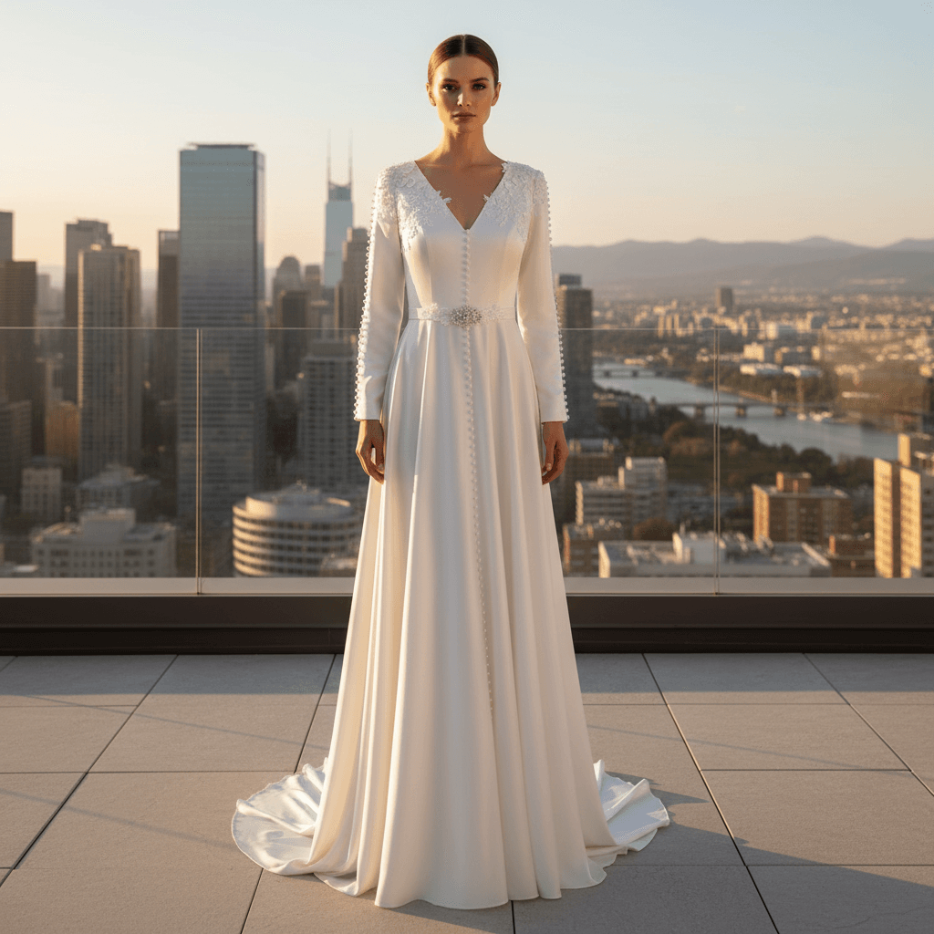 Vue de face d'une robe de mariée caftan moderne avec décolleté en V
