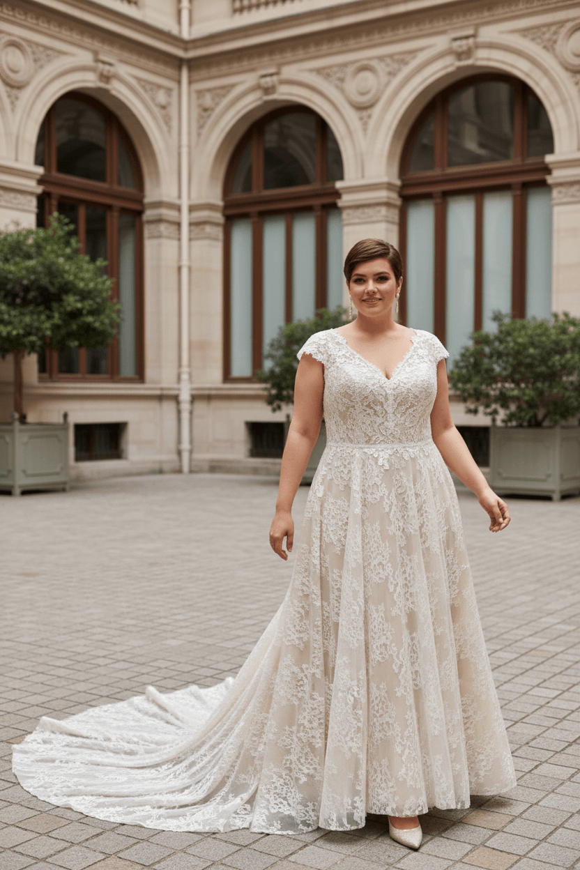 Vue de face d'une robe de mariée civil grande taille en dentelle avec traîne