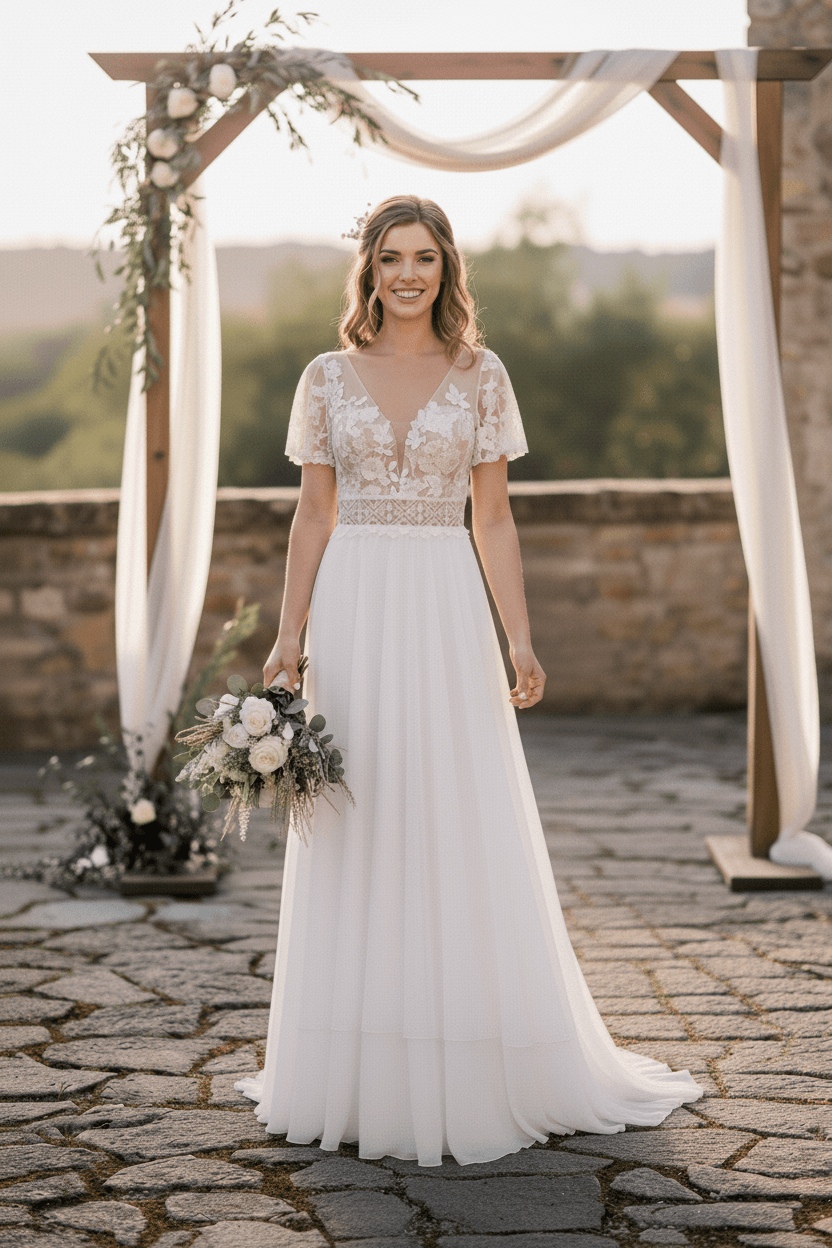Vue de face d'une robe de mariée civile bohème en dentelle et mousseline fluide