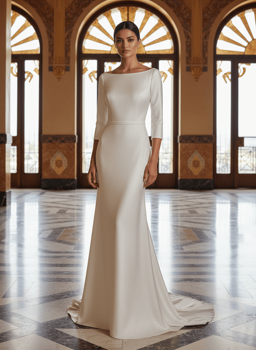 Vue de face d'une robe de mariée col bateau avec manches 3/4 élégantes