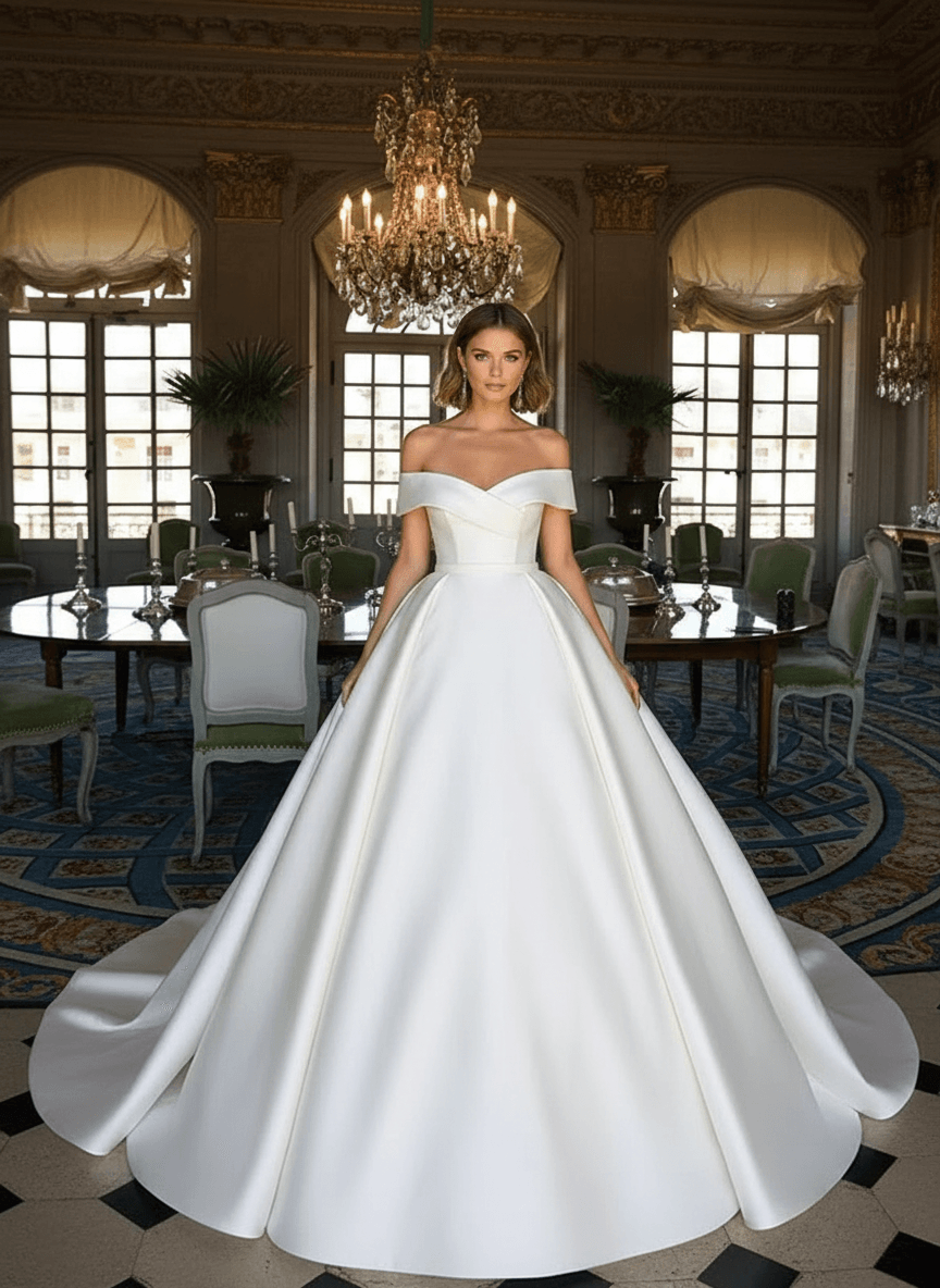 Vue de face d'une robe de mariée princesse avec col bateau élégant