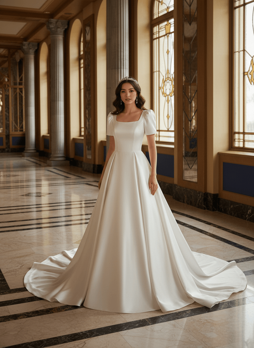 Vue de face d'une robe de mariée col carré à manches courtes élégante