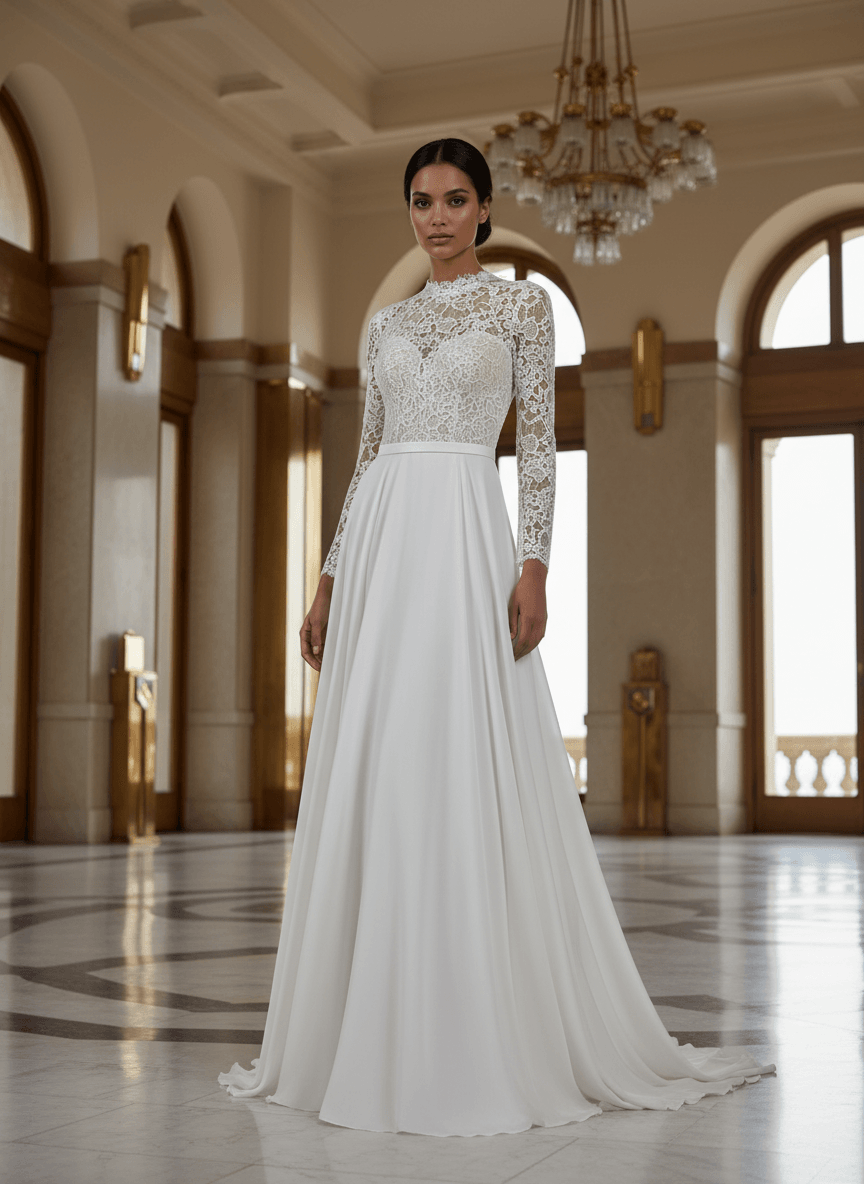 Vue de face d'une robe de mariée col montant manches longues