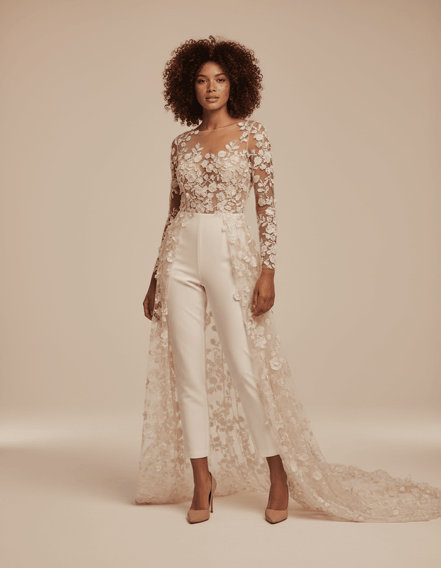 Vue de face d'une combinaison robe de mariée avec pantalon blanc et traîne en dentelle