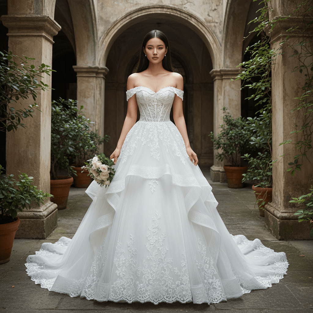 Vue de face d'une robe de mariée corset en dentelle avec jupe à volants