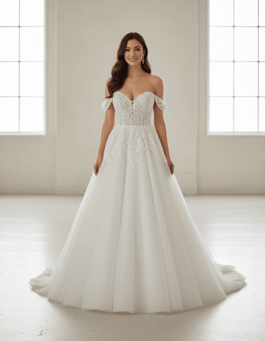 Vue de face d'une robe de mariée corset à laçage avec jupe ample