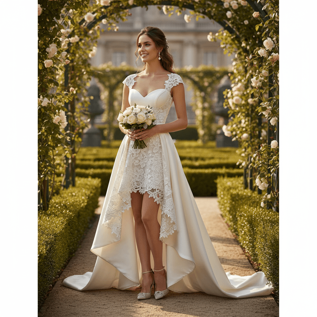 Vue de face d'une robe de mariée courte devant et longue derrière avec bustier dentelle