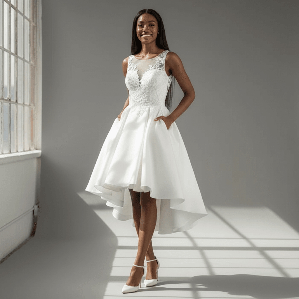 Vue de face robe de mariée courte originale avec bustier dentelle
