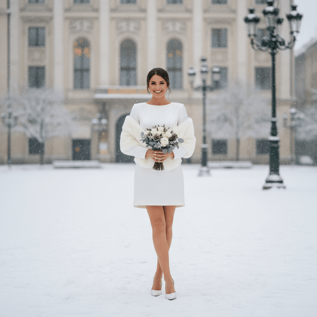 Vue de face d'une robe de mariée courte hiver avec manches longues et col rond