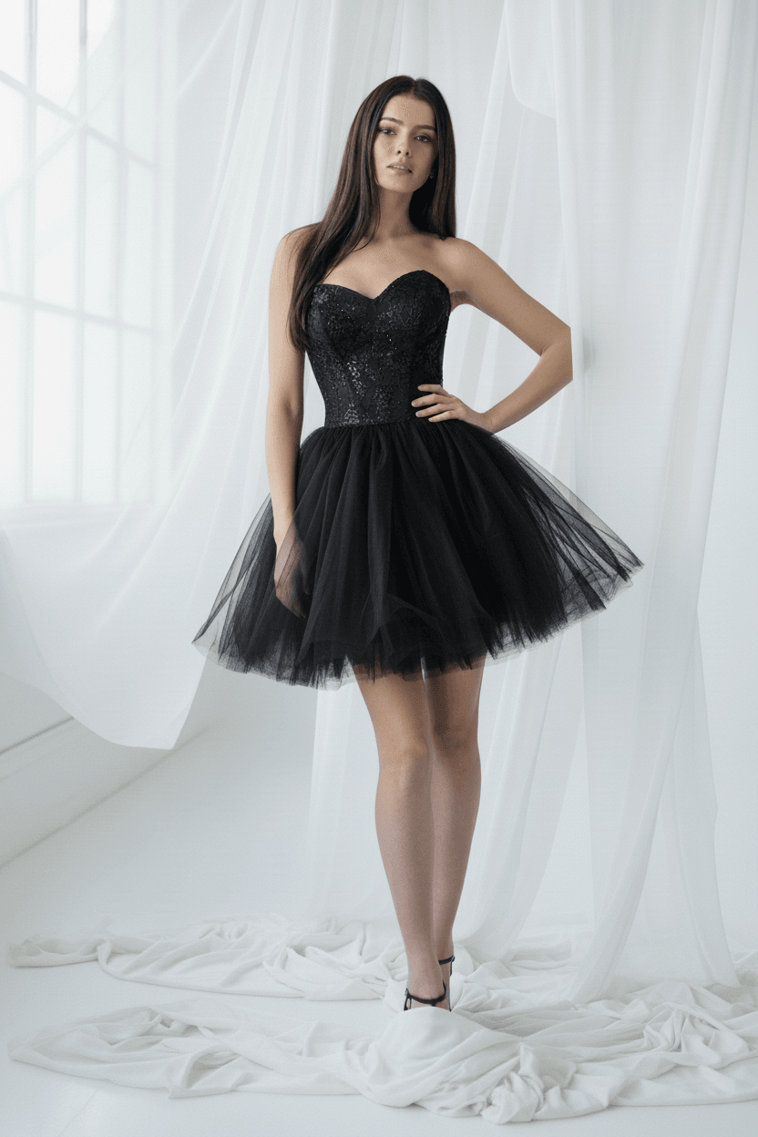 Vue de face robe de mariée courte rock noire