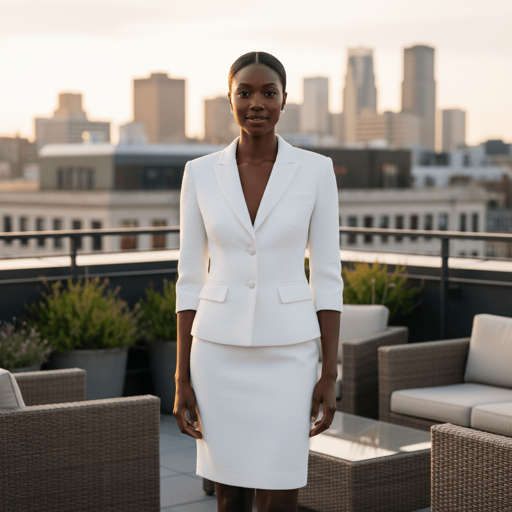 Vue de face d'une robe de mariée courte style tailleur avec jupe droite