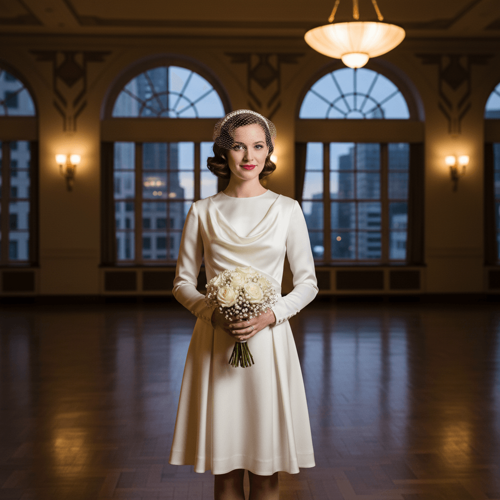 Vue de face d'une robe de mariée courte vintage avec col drapé et voile rétro