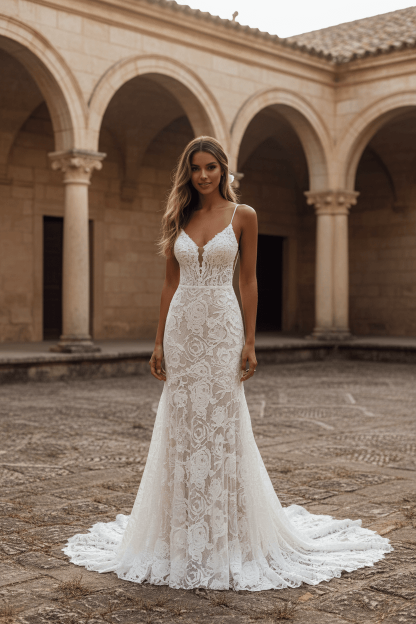 Vue de face d'une robe de mariée en dentelle dos nu ajustée