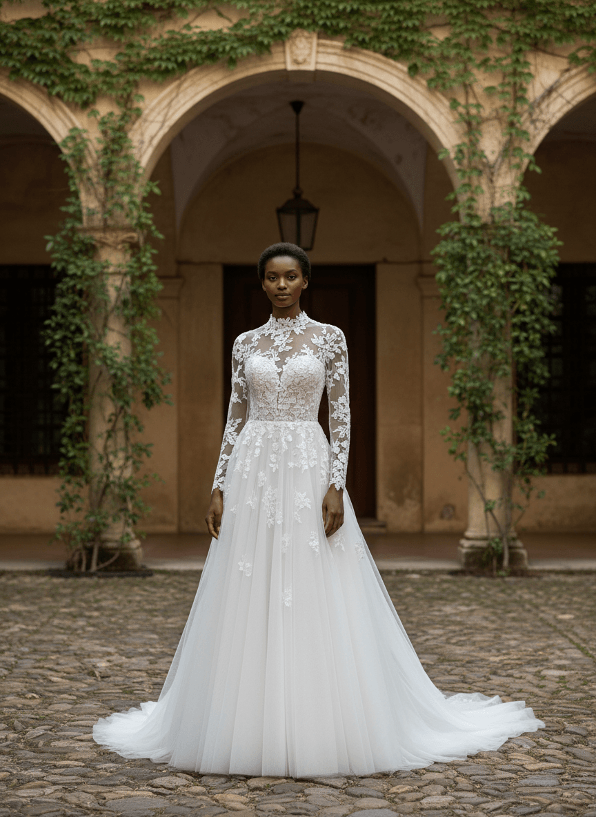 Vue de face d'une robe de mariée en dentelle à manches longues