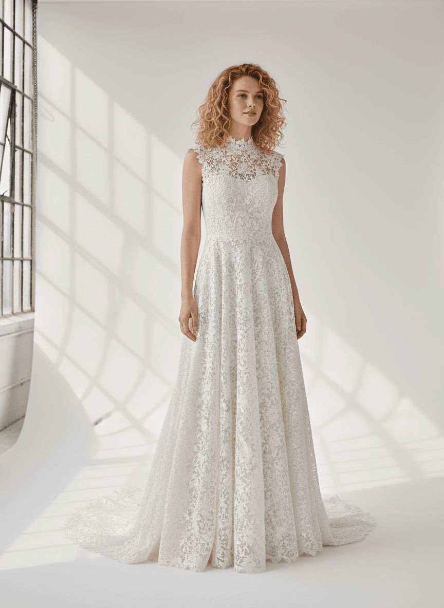 Vue de face d'une robe de mariée dentelle simple