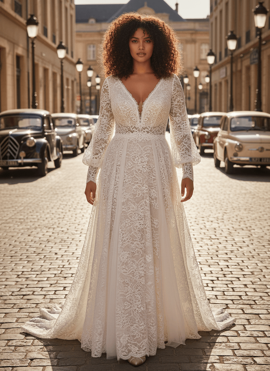 Vue de face d'une robe de mariée dentelle vintage avec manches longues
