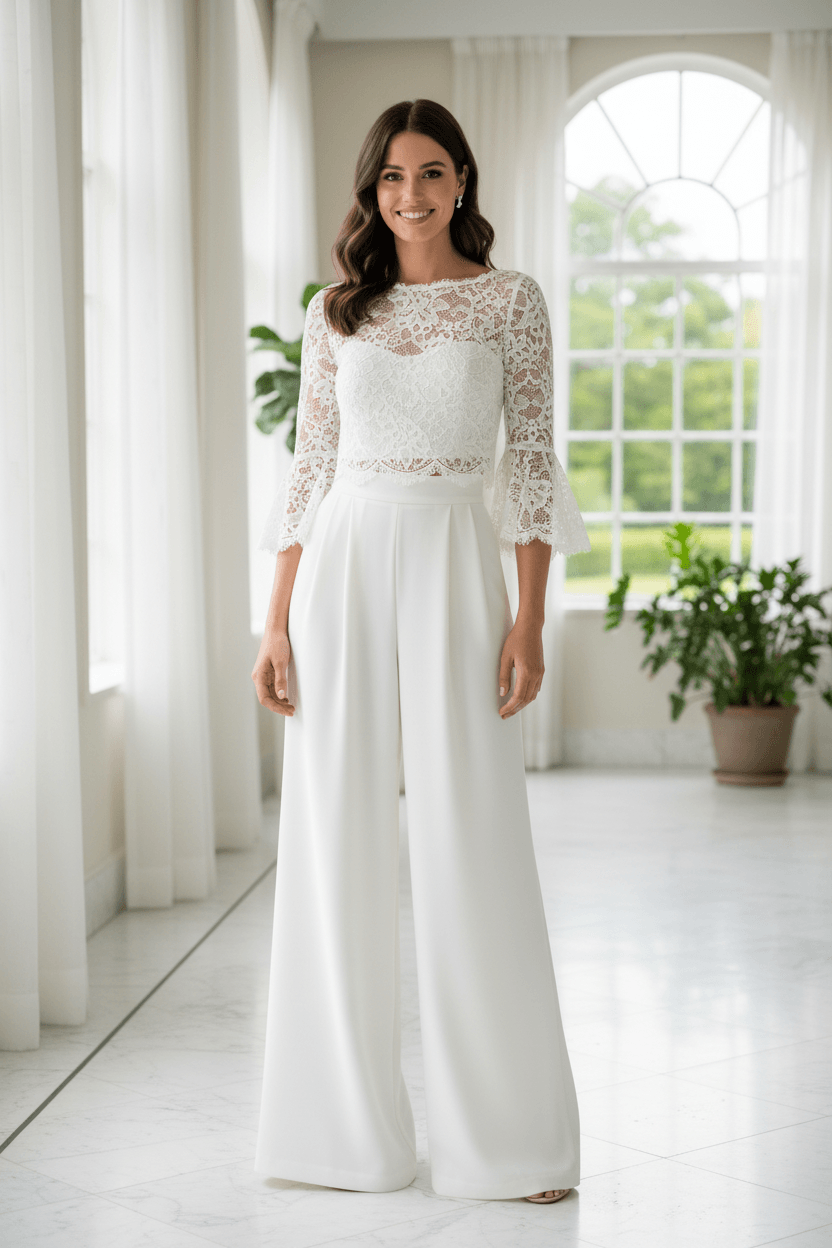 Vue de face d'une robe de mariée deux pièces chic avec haut en dentelle et pantalon fluide