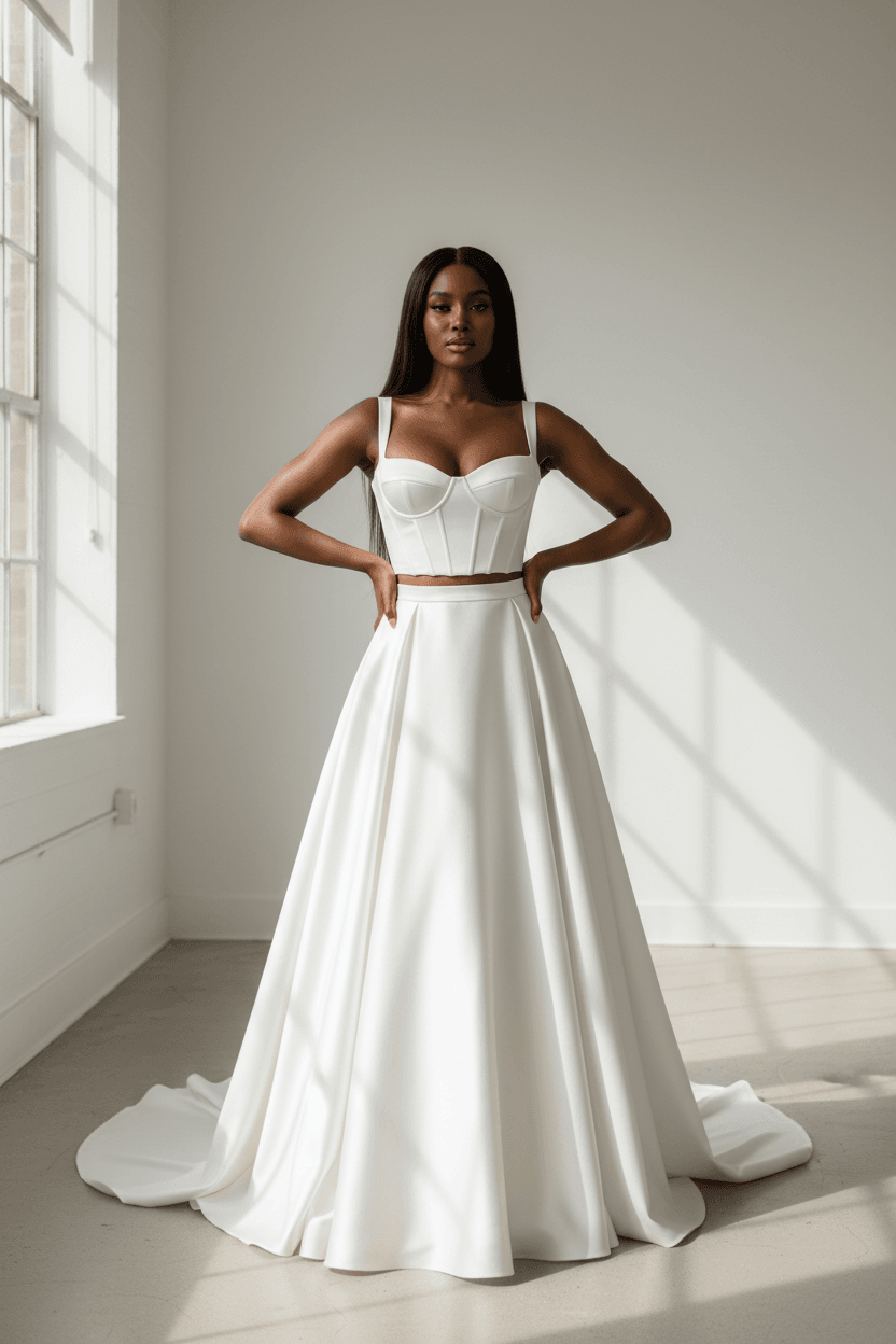 Vue de face d'une robe de mariée deux pièces avec corset ajusté et jupe fluide