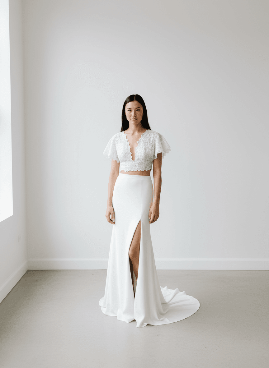 Vue de face d'une robe de mariée deux pièces moderne avec haut en dentelle