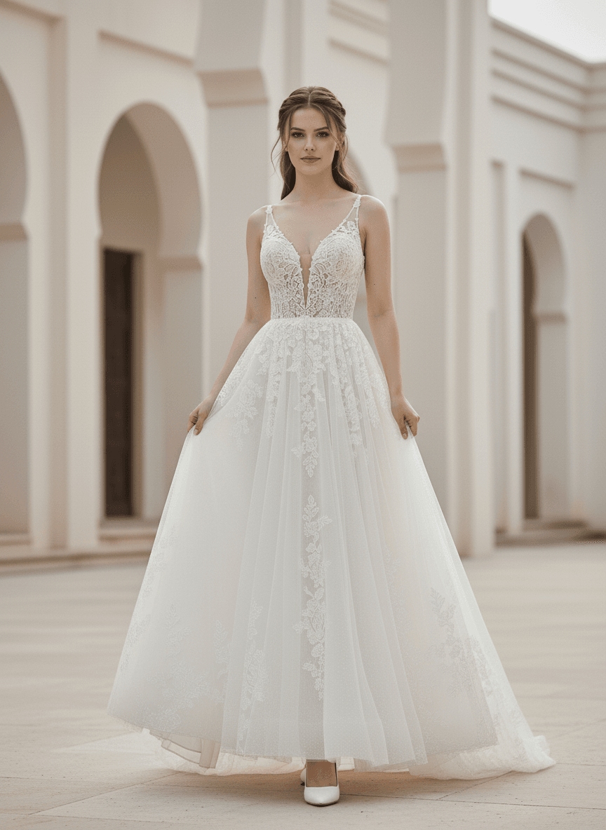 Vue de face d'une robe de mariée bohème dos nu avec dentelle