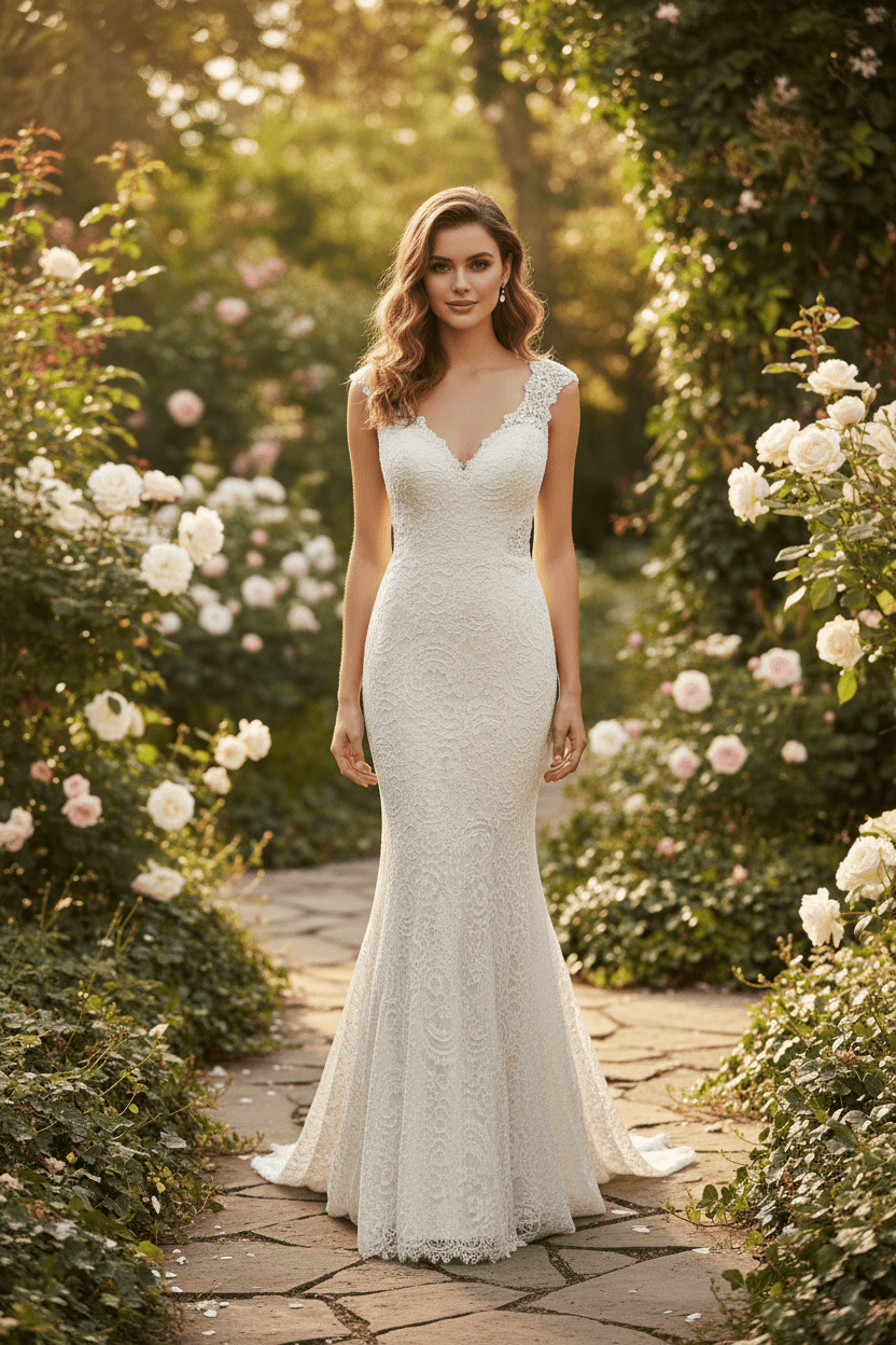 Vue de face d'une robe de mariée en dentelle avec dos nu plongeant