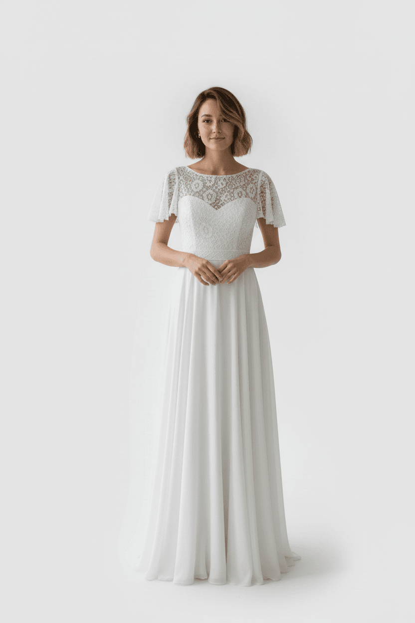 Vue de face d'une robe de mariée droite et fluide avec haut en dentelle