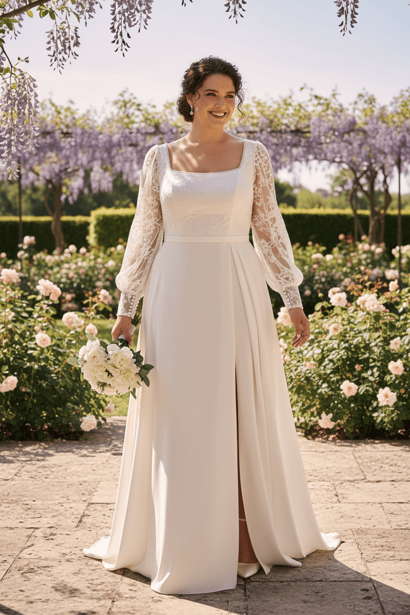 Vue de face d'une robe de mariée empire grande taille en dentelle et manches longues