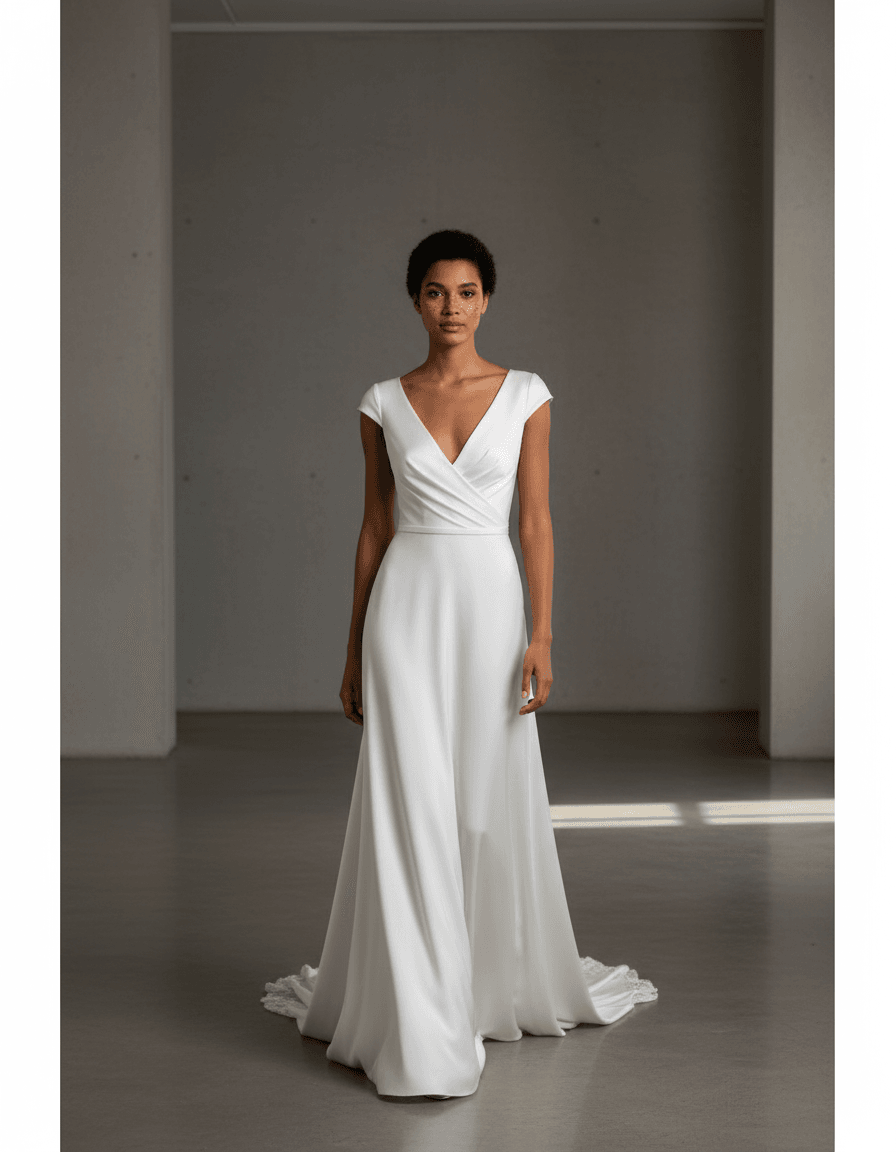 Vue de face d'une robe de mariée en crêpe de soie fluide avec décolleté drapé