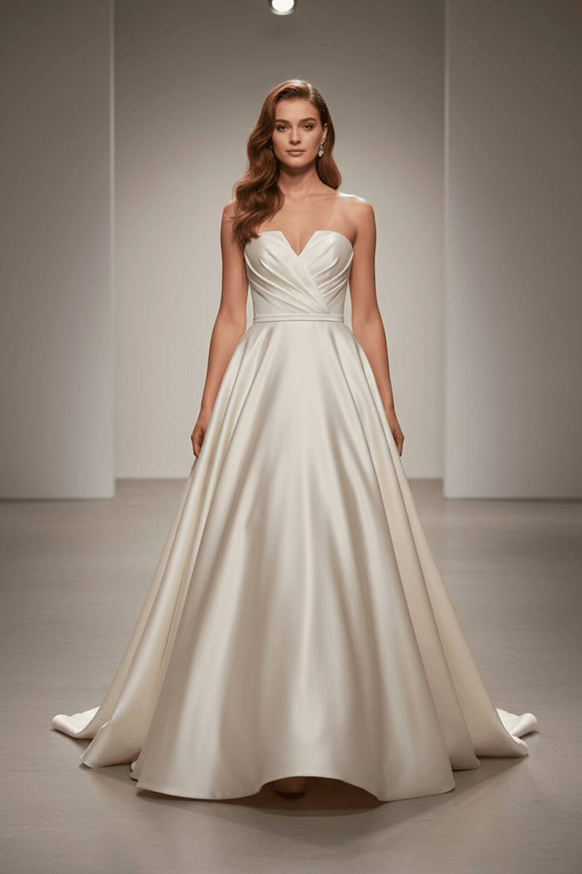 Vue de face d'une robe de mariée en mikado de soie bustier cœur avec jupe ample