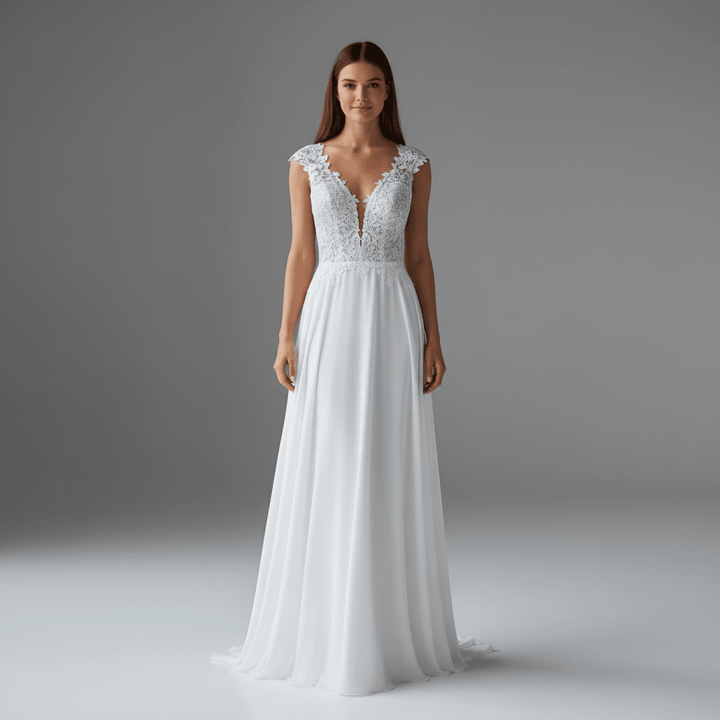 Vue de face d'une robe de mariée en mousseline de soie avec corsage en dentelle