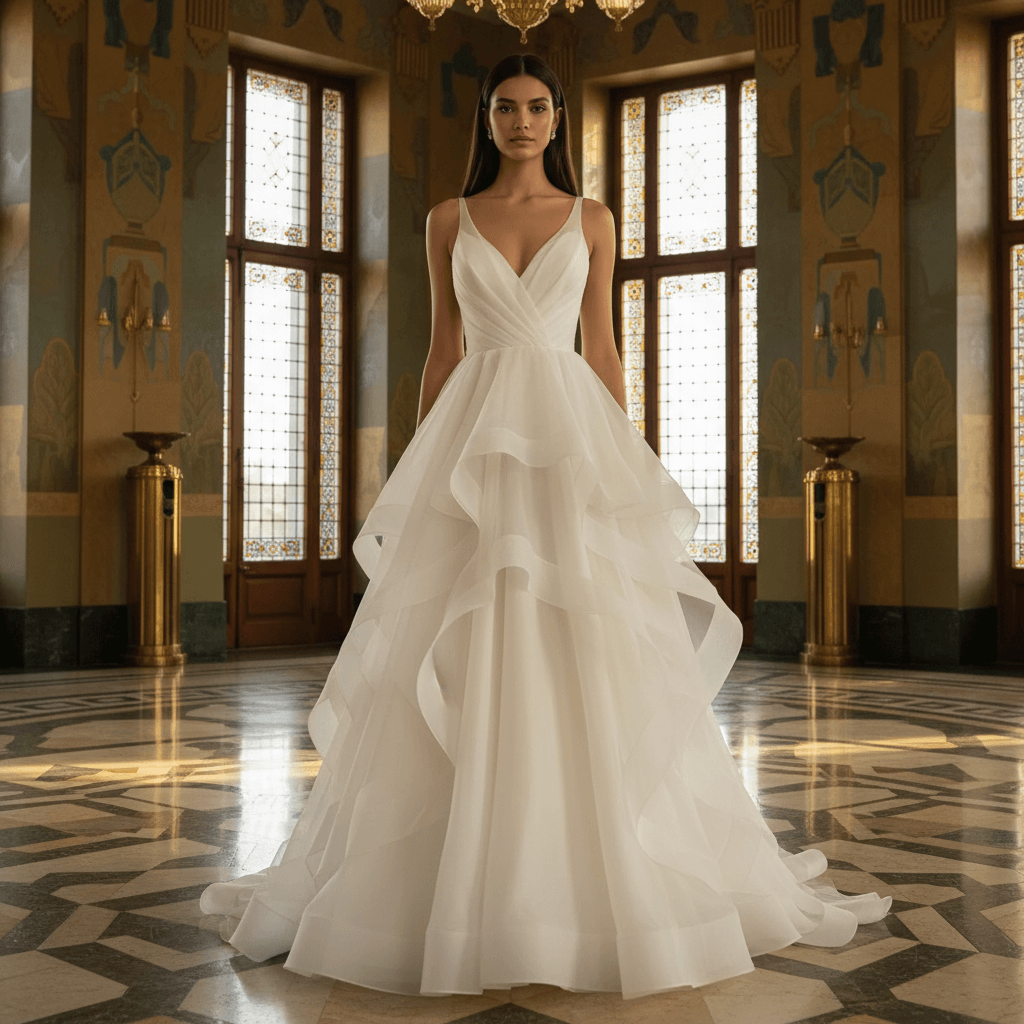 Vue de face d'une robe de mariée en organza à volants superposés et décolleté en V