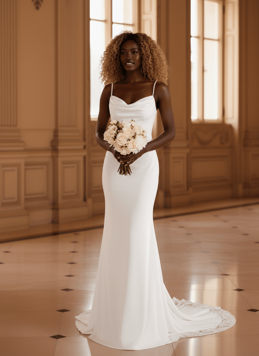 Vue de face d'une robe de mariée en satin blanc avec décolleté drapé
