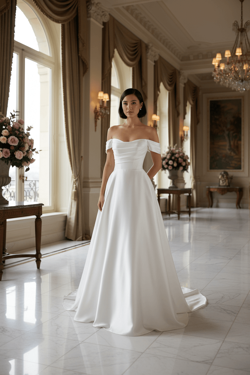 Vue de face d'une robe de mariée en satin de soie avec corsage décolleté