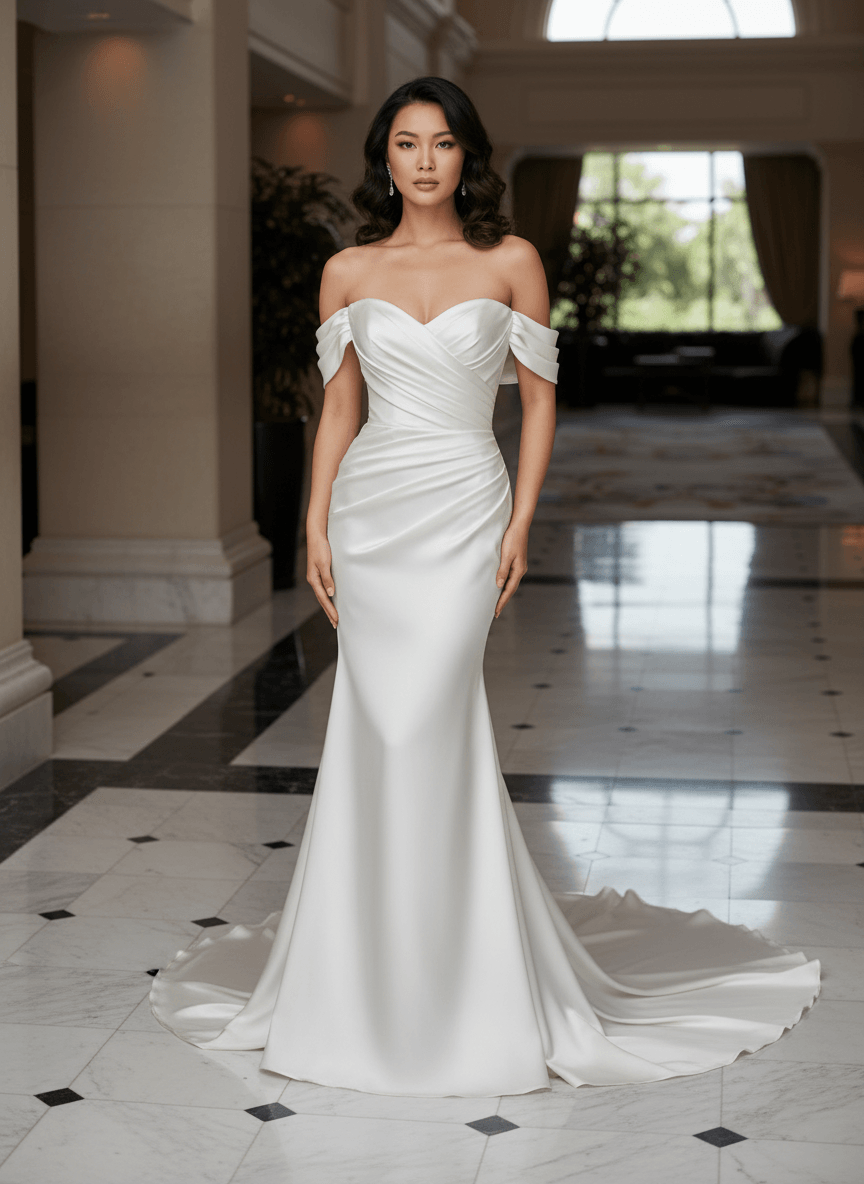 Vue de face d'une robe de mariée en satin duchesse avec corsage drapé