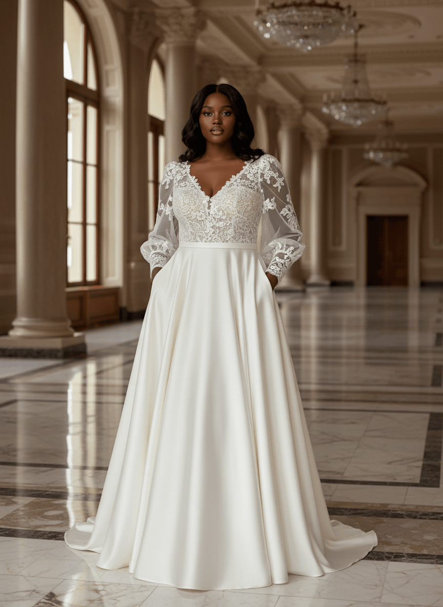 Vue de face d'une robe de mariée en satin et dentelle avec manches longues