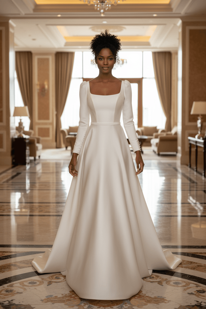 Vue de face d'une robe de mariée en satin manche longue avec décolleté carré