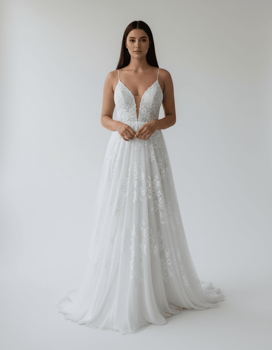 Vue de face d'une robe de mariée droite et fluide avec fines bretelles