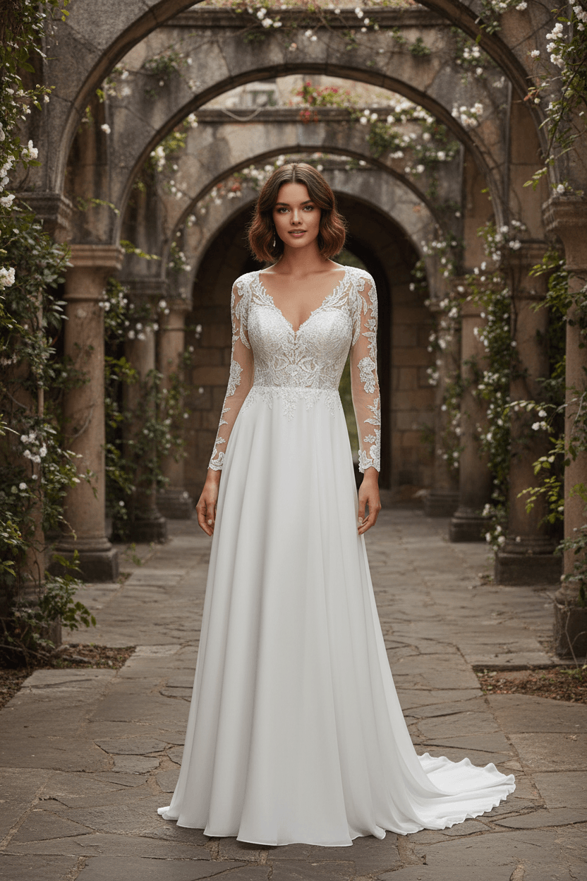 Vue de face d'une robe de mariée avec haut en dentelle et jupe fluide