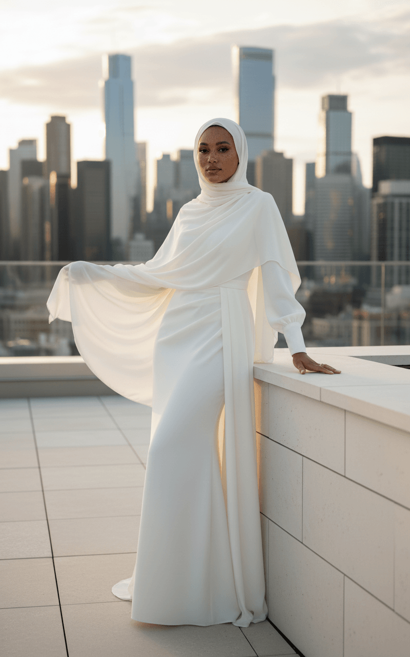 Mariée en robe hijab moderne fluide