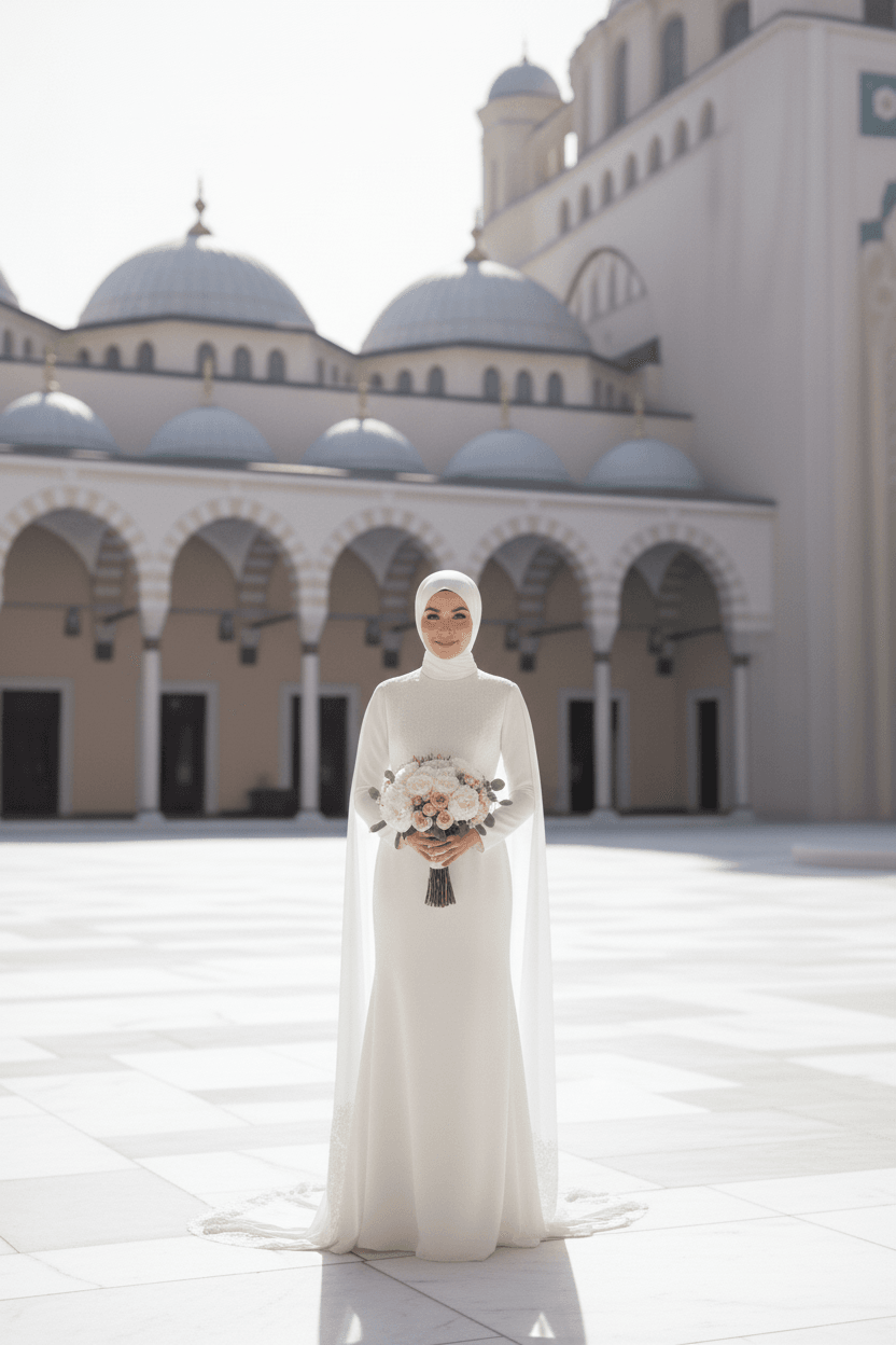Mariée en robe hijab simple avec bouquet