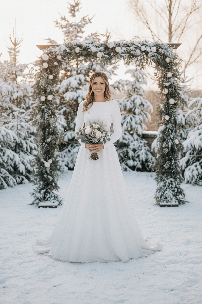 Vue de face d'une robe de mariée hiver manches longues élégante dans la neige